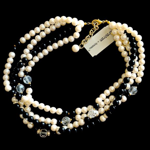 Vintage Richelieu Multi-Strand Necklace Costume Pearls Black Bead Crystal Spacer 31$